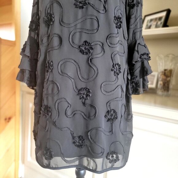 Madison Leigh Dress Black Sheer Top Swirls Ruffled Tiered Sleeves Midi- 8 - Picture 8 of 10